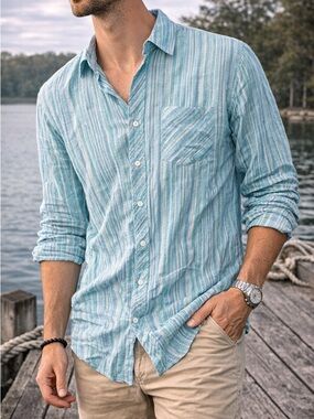 Bugatchi Uomo MENS Linen Long Sleeve Button Up Shirt Blue Green Size XXL